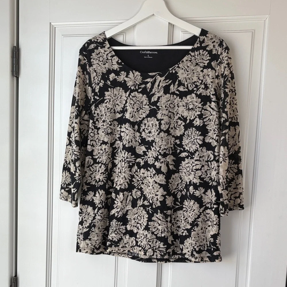 Y2K Croft & Barrow Floral Navy and Cream Top Blouse large - Picture 1 of 5